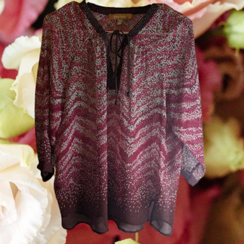 Ellen Tracy small 3/4 sleeve red and tan sheer polyester woman's casual blouse.